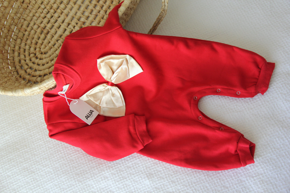 Baby girl red romper with oversized cream bow detail – AWA Baby Boutique