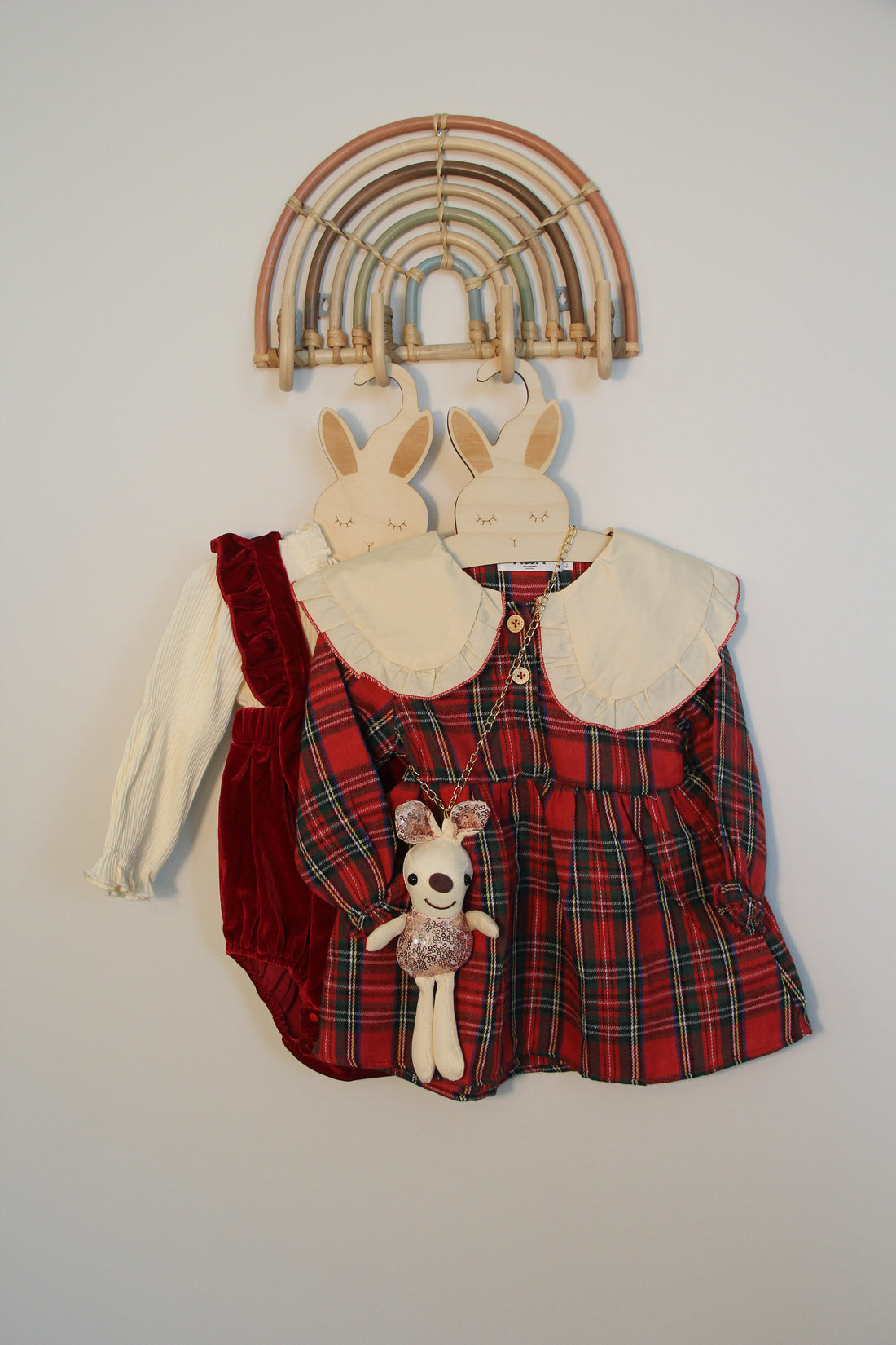 Red tartan plaid baby girl dress with cream statement collar and rabbit crossbody bag – AWA Baby