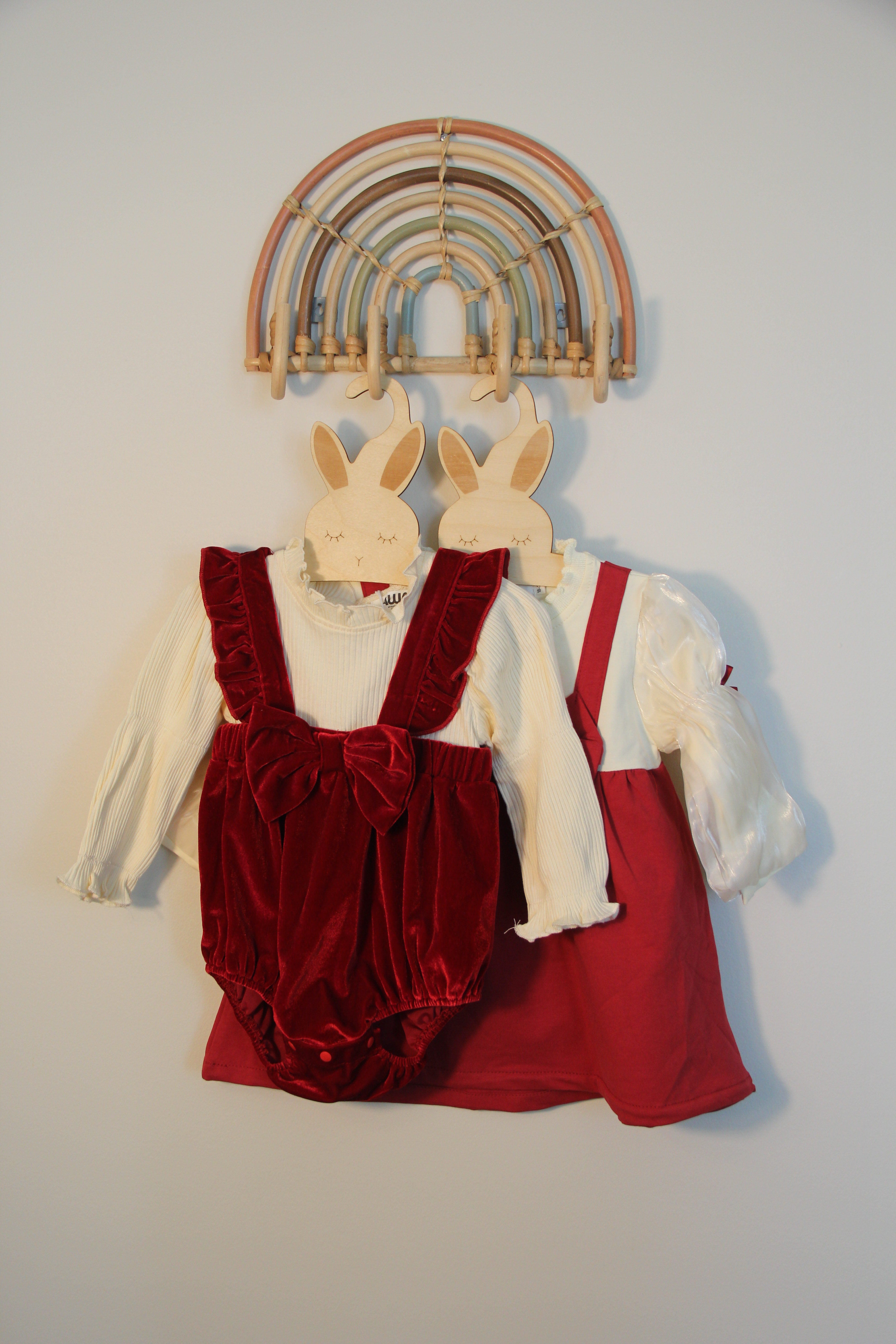 Ruby red Christmas holiday baby girl bow bubble romper with ruffled straps – AWA Baby