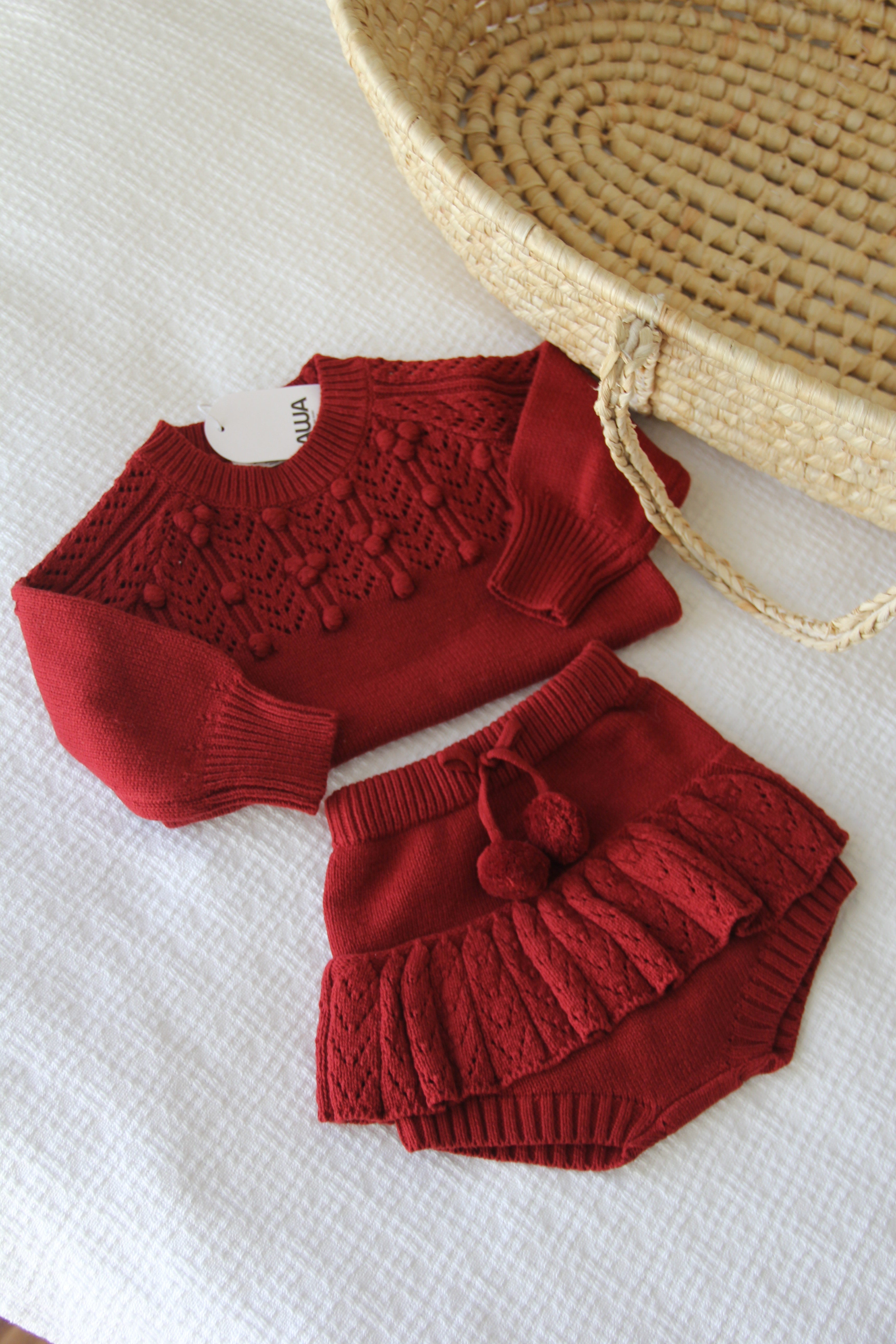 Baby girl pom-pom popcorn knit sweater and ruffle bloomer set – AWA Baby Boutique